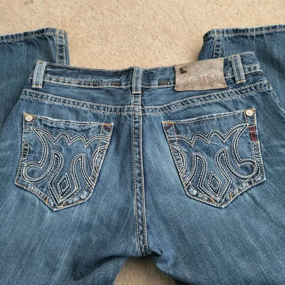 MEK Denim Osaka Jeans 36x32 Blue Straight Bootcut Distressed Button Fly GUC - Picture 5 of 7